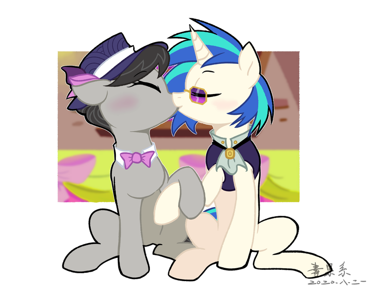 Size: 2600x2000 | Tagged: safe, artist:yaaaco, derpibooru import, octavia melody, vinyl scratch, earth pony, pony, unicorn, a hearth's warming tail, alternate hairstyle, blushing, bowtie, clothes, eyes closed, female, french kiss, glasses, hat, holding hooves, kissing, lesbian, mare, raised hoof, scratchtavia, shipping, sitting, sunglasses, vest, victrola scratch