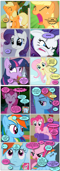 Size: 868x2448 | Tagged: safe, artist:dziadek1990, derpibooru import, edit, edited screencap, screencap, applejack, fluttershy, pinkie pie, rainbow dash, rarity, tom, twilight sparkle, squirtle, barking, comic, conversation, description is relevant, dialogue, equestria, female, hissing, hopping, kanto, nothing but mammals, onomatopoeia, peeping tom, pokémon, screencap comic, slice of life, smugpie, text, war face, what does the fox say?, word balloon