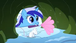 Size: 1280x720 | Tagged: safe, derpibooru import, screencap, minuette, mouse, pony, unicorn, winter wrap up, brushie, cute, duster, female, minubetes, mouth hold, solo
