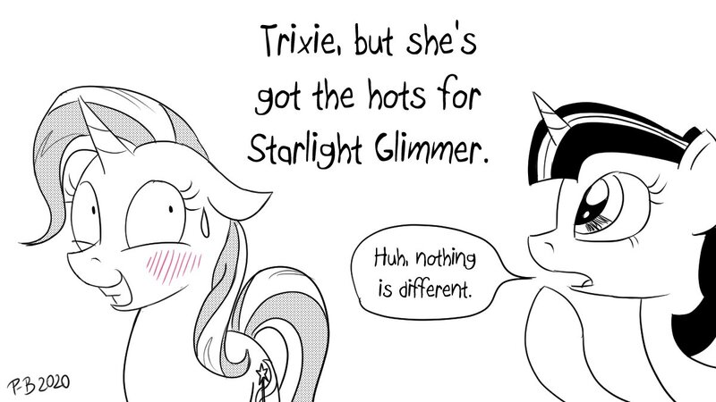 Size: 1200x675 | Tagged: 4th wall break, alicorn, artist:pony-berserker, blushing, breaking the fourth wall, derpibooru import, grin, implied lesbian, implied shipping, implied startrix, monochrome, neo noir, nervous, nervous grin, partial color, pony-berserker's twitter sketches, safe, shrunken pupils, smiling, speech bubble, stippling, sweat, sweatdrop, trixie, twilight sparkle, twilight sparkle (alicorn)