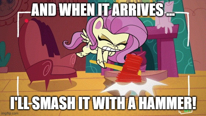 Size: 666x375 | Tagged: safe, derpibooru import, edit, edited screencap, screencap, fluttershy, pegasus, pony, my little pony: pony life, unboxing day, spoiler:pony life s01e18, spoiler:pony life s01e30, box, caption, female, fluttershy's unboxing vlog, hammer, image macro, mare, solo, text, the emperor's new groove, yzma