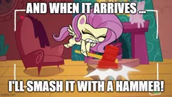 Size: 666x375 | Tagged: safe, derpibooru import, edit, edited screencap, screencap, fluttershy, pegasus, pony, my little pony: pony life, unboxing day, spoiler:pony life s01e18, spoiler:pony life s01e30, box, caption, female, fluttershy's unboxing vlog, hammer, image macro, mare, solo, text, the emperor's new groove, yzma
