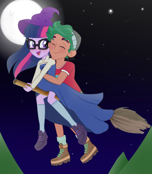 Size: 2100x2400 | Tagged: safe, artist:cxpcakes, derpibooru import, sci-twi, timber spruce, twilight sparkle, equestria girls, broom, clothes, costume, couple, cute, digital art, female, flying, flying broomstick, hat, male, moon, night, scary, shipping, straight, timberbetes, timbertwi, twiabetes, witch, witch hat