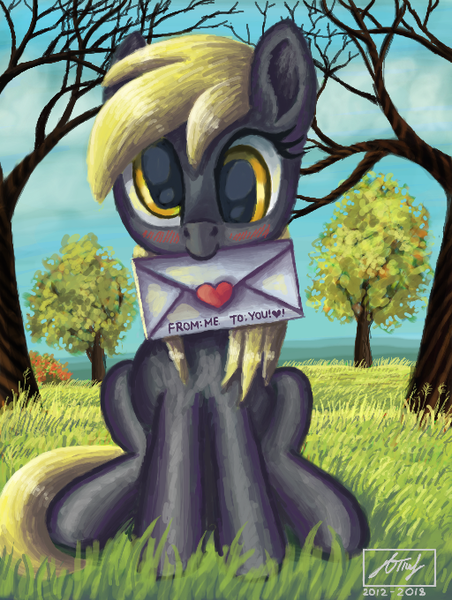 Size: 512x680 | Tagged: safe, artist:dreamyskies, derpibooru import, derpy hooves, ditzy doo, pegasus, pony, autumn, background pony, blushing, cloud, cloudy, complex background, detailed, detailed background, female, grass, looking at you, love letter, mare, scenery, signature, sitting, solo