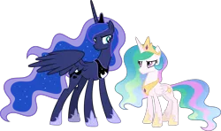 Size: 7377x4357 | Tagged: safe, artist:pumpkinpieforlife, derpibooru import, princess celestia, princess luna, alicorn, pony, absurd resolution, celestia is not amused, clothes, crown, envy, folded wings, jewelry, necklace, regalia, role reversal, shoes, show accurate, simple background, size difference, smallestia, smug, spread wings, talluna, transparent background, unamused, vector, wings