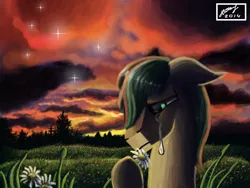 Size: 680x512 | Tagged: safe, artist:dreamyskies, derpibooru import, daisy, flower wishes, oc, oc:dreamer skies, unofficial characters only, pegasus, bust, cloud, cloudy, crying, dark background, dark clouds, depression, flower, forest, grass, grass field, pegasus oc, portrait, sad, scenery, signature, sparkles, sunset, teary eyes, tree, upset, wings