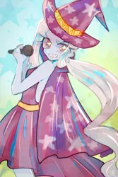 Size: 600x900 | Tagged: safe, artist:trnkwme, derpibooru import, trixie, equestria girls, rainbow rocks, backless, clothes, dress, female, looking at you, looking back, looking back at you, microphone, smiling, solo, tricks up my sleeve