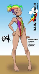 Size: 984x1860 | Tagged: suggestive, alternate version, artist:oldskullkid, derpibooru import, rainbow dash, equestria girls, alternate hairstyle, belly button, breasts, choker, chokerdash, clothes, delicious flat chest, female, human coloration, image, jpeg, legs, leotard, one-piece swimsuit, piercing, rainbow flat, skin, solo, solo female, swimsuit, thong leotard, thong swimsuit