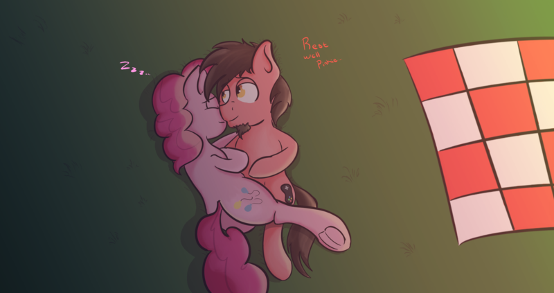 Size: 1920x1016 | Tagged: safe, artist:pencilpush, derpibooru import, pinkie pie, oc, oc:ace play, earth pony, canon x oc, cute, female, male, night, picnic, picnic blanket, pinkieplay, shipping, sleeping, straight