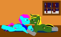 Size: 1280x781 | Tagged: safe, artist:uniconwizard, derpibooru import, oc, oc:crash n burn, oc:outlet, unofficial characters only, changeling, cyborg, original species, pegasus, pony, unicorn, 1000 hours in ms paint, about to kiss, blushing, chargeling, clothes, crossed arms, cyber legs, disguise, disguised changeling, futa, gay, gay ship, gift giving, hearts and hooves day, herm, htm transgender, imminent kissing, in love, indoors, inside, intersex, lying down, male, male x male, new tags were born here, oc x oc, radioactive, robot eye, scarf, shipping, snow, symbolism, there is no heterosexual explanation, this was all for a pun, transgender, tree, tugging, window, winter