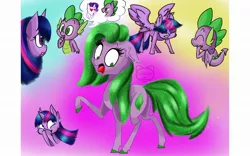 Size: 1920x1200 | Tagged: safe, artist:katkatdesign, derpibooru import, rarity, spike, twilight sparkle, twilight sparkle (alicorn), ponified, alicorn, dragon, earth pony, pony, unicorn, :o, abstract background, barb, female, glowing horn, heart eyes, horn, laughing, looking down, mare, open mouth, ponified spike, raised hoof, rule 63, species swap, surprised, transformation, transgender transformation, wingding eyes, winged spike