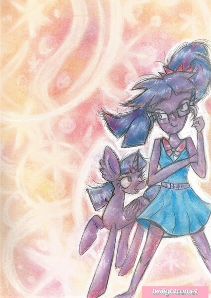 Size: 1237x1748 | Tagged: safe, artist:twilightcomet, derpibooru import, twilight sparkle, twilight sparkle (alicorn), alicorn, pony, equestria girls, abstract background, clothes, duo, female, glasses, human paradox, mare, raised hoof, skirt, smiling, traditional art