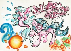 Size: 1891x1369 | Tagged: safe, artist:twilightcomet, derpibooru import, silverstream, classical hippogriff, hippogriff, pony, seapony (g4), duality, duo, duo female, female, flower, jewelry, necklace, seapony silverstream, sun, traditional art