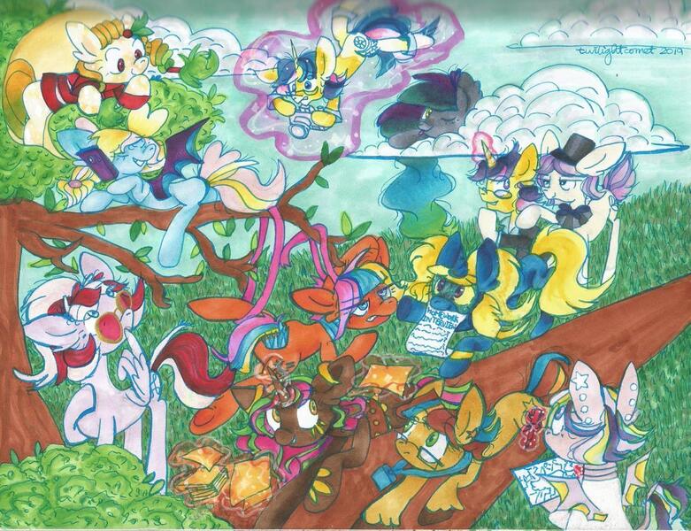 Size: 1280x983 | Tagged: safe, artist:twilightcomet, derpibooru import, oc, oc:asterisk, oc:autumn equinox, oc:crystal berry, oc:eventide, oc:flicker flash, oc:gold star, oc:ruby perl, unofficial characters only, bat pony, pegasus, pony, unicorn, bat pony oc, bat wings, cloud, glowing horn, horn, magic, newbie artist training grounds, outdoors, pegasus oc, running, telekinesis, traditional art, tree, tree branch, unicorn oc, unshorn fetlocks, wings