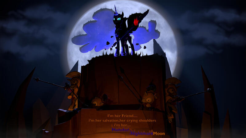 Size: 3265x1837 | Tagged: semi-grimdark, artist:apimiku, artist:expee, derpibooru import, nightmare moon, 3d, moon, night, poster