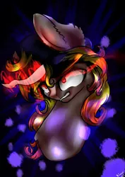 Size: 764x1080 | Tagged: safe, artist:kiwwsplash, derpibooru import, oc, unofficial characters only, pony, unicorn, abstract background, bust, ear fluff, glowing horn, grin, horn, signature, smiling, sombra eyes, unicorn oc