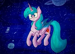 Size: 1080x774 | Tagged: safe, artist:galaxy.in.mind, derpibooru import, oc, unofficial characters only, alicorn, pony, alicorn oc, female, flying, horn, jupiter, mare, solo, space, stars, wings