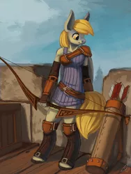 Size: 900x1200 | Tagged: safe, artist:lexx2dot0, derpibooru import, part of a set, derpy hooves, anthro, unguligrade anthro, archer, arrow, bow and arrow, bow (weapon), fantasy class, female, gauntlet, greaves, leather, quiver, solo, tower, weapon