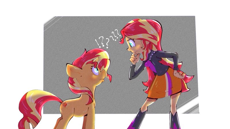 Size: 1920x1080 | Tagged: safe, artist:another_pony, derpibooru import, sunset shimmer, pony, unicorn, equestria girls, abstract background, duo, exclamation point, hand on chin, human ponidox, interrobang, looking at each other, profile, question mark, self ponidox, simple background