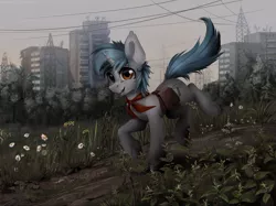 Size: 1957x1464 | Tagged: safe, artist:mithriss, derpibooru import, oc, unofficial characters only, pony, unicorn, bag, building, daisy (flower), flower, grass, looking at you, power line, saddle bag, scenery, smiling, solo, tree