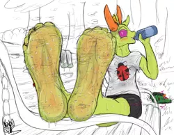 Size: 3000x2325 | Tagged: anthro, artist:fetishsketches, barefoot, big feet, blushing, changedling, changeling, clothes, commission, derpibooru import, doodle, feet, fetish, foot fetish, foot focus, king thorax, male, male feet, plantigrade anthro, shoes, sneakers, socks, soles, solo, solo male, suggestive, sweat, sweaty feet, thorax