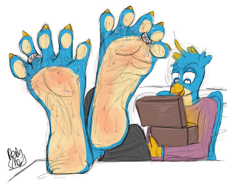 Size: 3124x2528 | Tagged: suggestive, artist:fetishsketches, derpibooru import, gallus, anthro, gryphon, plantigrade anthro, big feet, commission, doodle, feet, fetish, foot fetish, foot focus, lint, male, male feet, soles, solo, solo male, toe ring