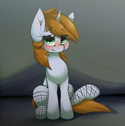 Size: 2531x2537 | Tagged: safe, artist:arume_lux, derpibooru import, oc, oc:littlepip, unofficial characters only, pony, unicorn, fallout equestria, adorasexy, blushing, cute, eye clipping through hair, female, fishnets, hair over one eye, high res, looking at you, mare, sexy, sitting, solo