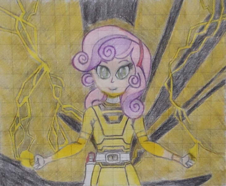 Size: 1024x840 | Tagged: safe, artist:nintencano, derpibooru import, sweetie belle, equestria girls, gekisou sentai carranger, graph paper, morphing, power rangers, power rangers turbo, traditional art, yellow ranger