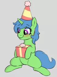Size: 1089x1475 | Tagged: safe, artist:heretichesh, derpibooru import, oc, oc:quick fix, unofficial characters only, pony, unicorn, big eyelashes, birthday, birthday gift, blushing, happy, hat, male, party hat, present, solo, stallion, trap