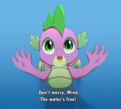 Size: 2450x2200 | Tagged: safe, artist:chiptunebrony, derpibooru import, spike, dragon, anime style, comforting, cute, dialogue, fake screenshot, implied mina, lake, looking at you, male, reaching out, ripple, shadow, silhouette, smiling, solo, spikabetes, subtitles, water, winged spike