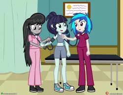 Size: 4000x3090 | Tagged: safe, artist:dieart77, derpibooru import, coloratura, octavia melody, vinyl scratch, equestria girls, absurd resolution, belly button, blood pressure cuff, checkup, clothes, commission, converse, doctor's office, hospital, midriff, nurse, open mouth, pants, rara, scrubs (gear), shoes, stethoscope, tension