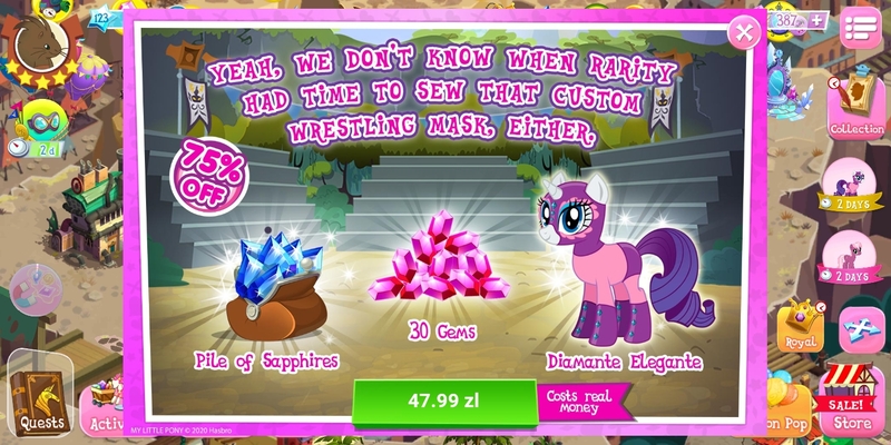 Size: 1440x720 | Tagged: safe, derpibooru import, idw, official, screencap, cherry blossom (idw), rarity, unicorn, spoiler:comic29, advertisement, costs real money, crack is cheaper, diamante elegante, female, gameloft, gem, idw showified, microtransactions, purse, sapphire, solo, subtle as a train wreck, złoty