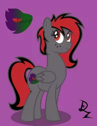 Size: 989x1280 | Tagged: safe, artist:zedwin, derpibooru import, oc, oc:dicemare, pegasus, pony, black and red, commission, cutie mark, digital art, eye lashes, female, folded wings, freckles, grey oc, hair, long hair, long mane, looking back, mare, pegasus oc, red eyes, red hair, reference sheet, smiling, solo, standing, wings