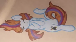 Size: 720x396 | Tagged: safe, artist:chewy-tartz, artist:fluffernutters16, derpibooru import, oc, unofficial characters only, pegasus, behaving like a cat, curled tail, diabetes, eyes closed, lying down, on back, smiling, solo