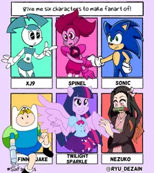 Size: 1829x2048 | Tagged: safe, derpibooru import, twilight sparkle, alicorn, anthro, hedgehog, human, robot, six fanarts, adventure time, bit gag, clothes, crossover, cutie mark, cutie mark on clothes, demon slayer, female, finn the human, gag, gloves, handshake, jake the dog, jenny wakeman, makeup, male, my life as a teenage robot, nezuko kamado, ponied up, running makeup, skirt, sonic the hedgehog, sonic the hedgehog (series), spinel (steven universe), steven universe, twilight sparkle (alicorn), wings