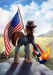 Size: 1530x2160 | Tagged: safe, artist:das_leben, derpibooru import, oc, oc:rough seas, earth pony, pony, american civil war, american flag, battlefield, cannon, civil war, flag, flag burning, old glory, smoke, texas flag