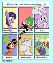 Size: 828x978 | Tagged: safe, artist:diggity_duck, derpibooru import, twilight sparkle, anthro, human, pony, rabbit, spider, unicorn, six fanarts, :d, animal, anthro with ponies, baseball bat, beetlejuice, bust, clothes, crossover, dc comics, female, grin, gun, harley quinn, hat, male, mare, moomins, open mouth, pictogram, sam and max, smiling, sweat, unicorn twilight, wander (wander over yonder), wander over yonder, weapon