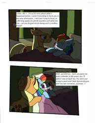 Size: 1700x2122 | Tagged: semi-grimdark, artist:cmara, derpibooru import, applejack, rainbow dash, earth pony, pegasus, pony, comic:i'm busy, applejack's hat, bandage, bed, blanket, blood, comic, cowboy hat, female, gritted teeth, hat, hospital, hospital bed, mare, open mouth, pillow, sad