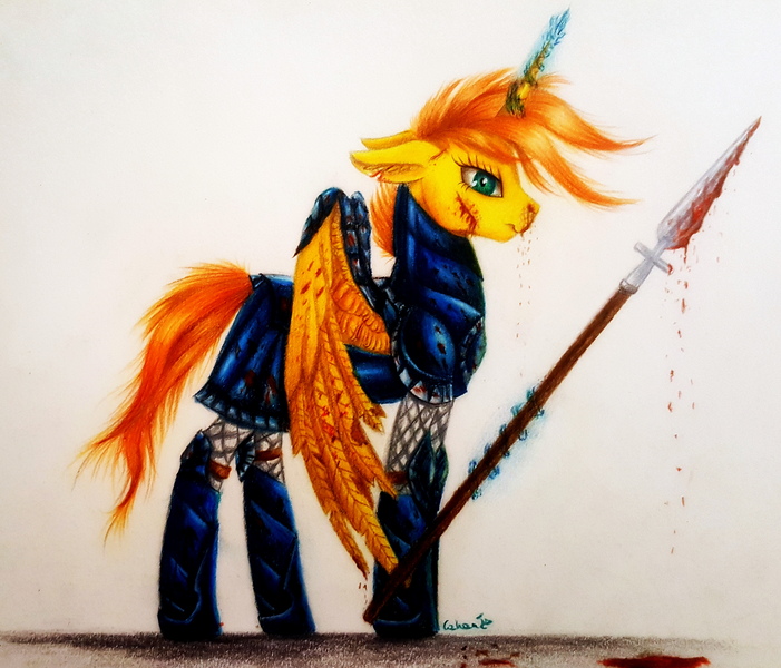 Size: 3420x2927 | Tagged: semi-grimdark, artist:cahandariella, derpibooru import, oc, alicorn, armor, blood, fanfic art, fantasy class, solo, spear, traditional art, warrior, weapon