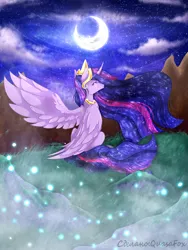 Size: 2500x3321 | Tagged: safe, artist:quasafox, derpibooru import, princess twilight 2.0, twilight sparkle, twilight sparkle (alicorn), alicorn, firefly (insect), insect, pony, the last problem, cloud, crescent moon, crown, crying, ethereal mane, female, grass, immortality blues, jewelry, mare, moon, night, regalia, sad, solo