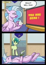 Size: 708x1001 | Tagged: safe, artist:rated-r-ponystar, derpibooru import, sandbar, silverstream, earth pony, hippogriff, pony, comic, dead, dialogue, flower, literal, playing dead, speech bubble, video game