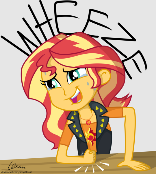 Size: 3775x4194 | Tagged: safe, artist:steyrrdash, derpibooru import, sunset shimmer, equestria girls, crying, female, laughing, solo, table, tears of laughter, wheeze
