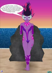 Size: 1096x1530 | Tagged: suggestive, artist:fab3716, derpibooru import, sci-twi, twilight sparkle, equestria girls, beach, breasts, clothes, erect nipples, feet, female, french, legs, midnight sparkle, nipple outline, solo, swimsuit, translated in the description