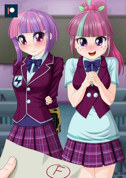 Size: 707x1000 | Tagged: safe, artist:uotapo, derpibooru import, edit, editor:gatogordo1, sour sweet, sunny flare, oc, oc:anon, equestria girls, adoraflare, arm behind back, begging, blushing, clothes, colored pupils, crystal prep academy uniform, cute, detention, f, fallout, female, freckles, human coloration, looking at you, offscreen character, open mouth, pipboy, plaid skirt, pleated skirt, ponytail, pov, school uniform, skirt, smiling, sourbetes, sunny flare's wrist devices, whoops