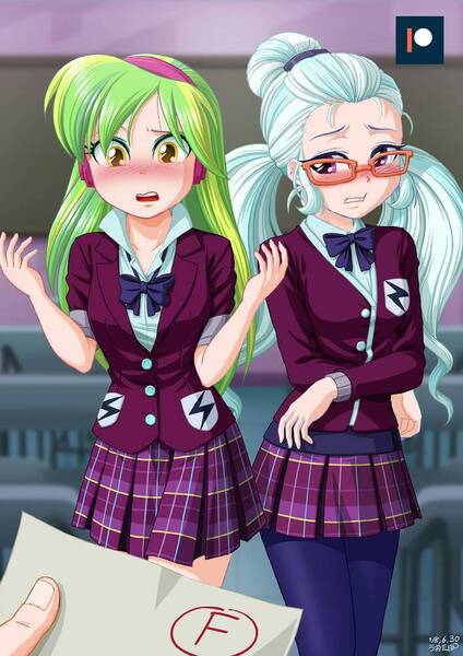 Size: 707x1000 | Tagged: safe, artist:uotapo, derpibooru import, edit, editor:gatogordo1, lemon zest, sugarcoat, oc, oc:anon, equestria girls, blushing, clenched teeth, clothes, crystal prep academy uniform, cute, f, female, glasses, headphones, human coloration, leggings, open mouth, patreon, patreon logo, pigtails, plaid skirt, pleated skirt, school, school uniform, skirt, sugarcute, twintails, zestabetes