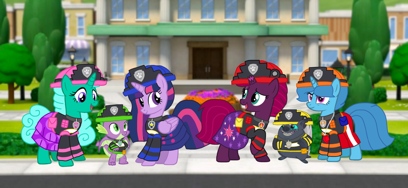 Size: 2340x1080 | Tagged: safe, artist:徐詩珮, derpibooru import, fizzlepop berrytwist, glitter drops, grubber, spike, spring rain, tempest shadow, twilight sparkle, twilight sparkle (alicorn), alicorn, dragon, pony, unicorn, series:sprglitemplight diary, series:sprglitemplight life jacket days, series:springshadowdrops diary, series:springshadowdrops life jacket days, my little pony: the movie, the point of no return, alternate universe, bisexual, broken horn, chase (paw patrol), clothes, cute, female, glitterbetes, glitterlight, glittershadow, horn, lesbian, lifeguard, lifeguard spring rain, male, mare, marshall (paw patrol), paw patrol, polyamory, rocky (paw patrol), rubble (paw patrol), shipping, skye (paw patrol), sprglitemplight, springbetes, springdrops, springlight, springshadow, springshadowdrops, tempestbetes, tempestlight, ultimate rescue, winged spike, zuma (paw patrol)