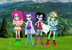 Size: 1111x777 | Tagged: safe, artist:karalovely, artist:selenaede, derpibooru import, pinkie pie, rainbow dash, rarity, oc, oc:kara lovely, equestria girls, alternate hairstyle, barbie, barbie: princess power, barely eqg related, base used, boots, cape, clothes, crossed arms, crossover, hairstyle, hands on hip, high heel boots, high heels, looking at you, mask, masks, ponytail, shoes, superhero, wings