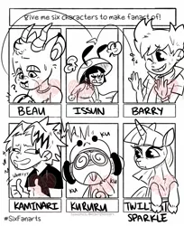 Size: 979x1200 | Tagged: safe, artist:heartbombart, derpibooru import, barry, twilight sparkle, anthro, deer, frog, human, pony, unicorn, six fanarts, angry, animal crossing, anthro with ponies, bust, clothes, crossover, denki kaminari, female, hat, issun, lineart, male, mare, monochrome, my hero academia, okami, pokéball, pokémon, sgt. frog, thumbs up, unicorn twilight