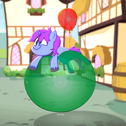 Size: 1300x1300 | Tagged: safe, artist:jay-onjey, artist:metalface069, derpibooru import, oc, oc:mobian, pony, unicorn, animated, balloon, balloon fetish, balloon sitting, bouncing, commission, cute, derp, fetish, frame by frame, gif, male, ponyville, smiling, stallion, that pony sure does love balloons, unshorn fetlocks, ych result