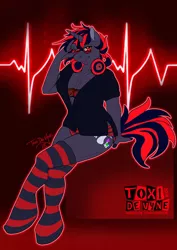 Size: 700x990 | Tagged: suggestive, artist:toxi de vyne, derpibooru import, oc, unofficial characters only, anthro, unguligrade anthro, unicorn, bra, breasts, clothes, commission, cutie mark, digital art, female, glasses, headphones, horn, leg warmers, panties, pose, socks, solo, solo female, striped socks, tail, underwear